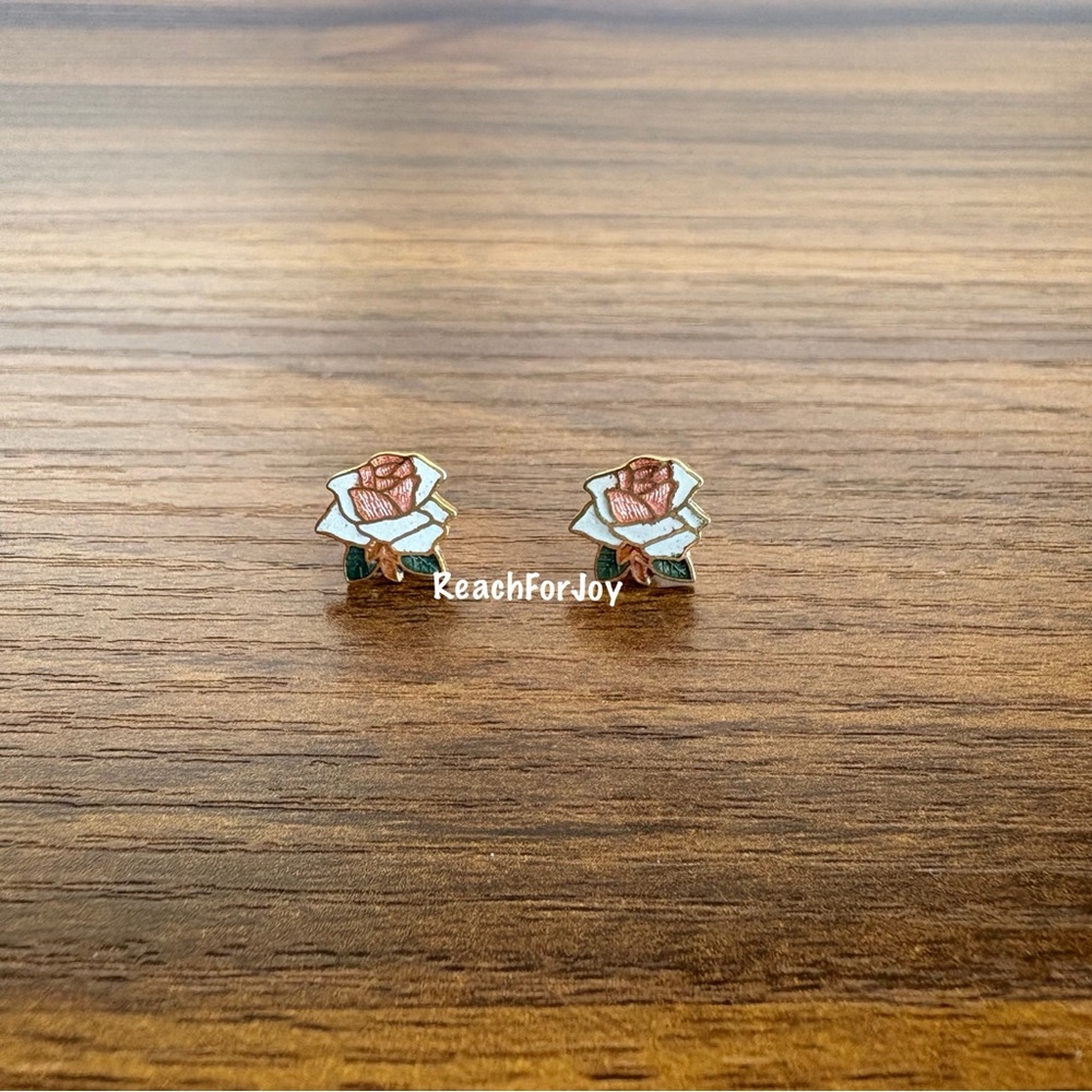 White And Pink Rose Earrings Cloisonne Vintage Post Stud Simple Elegant Floral